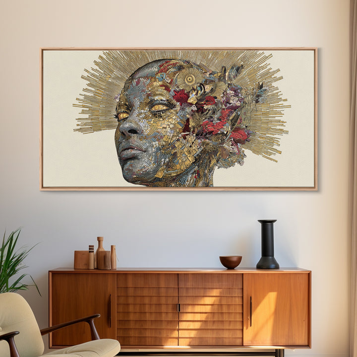 Black Woman Golden Halo Portrait Canvas Print, Mosaic Floral African Beauty Wall Art, Elegant Feminine Home Decor Gift Print