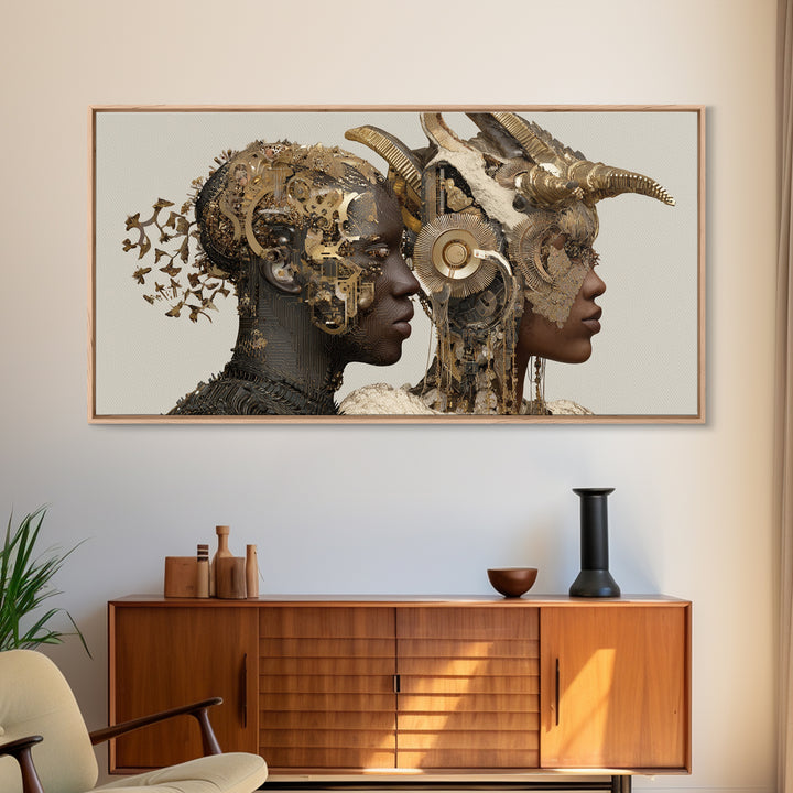 Afrofuturist Royal Couple With Horned Crowns Wall Art, African Goddess Portrait Canvas Print, Luxury Sci Fi Decor Gift Art