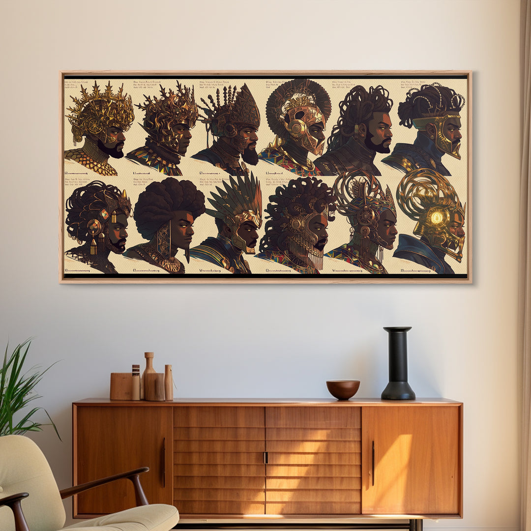 Ornate African Kings And Warriors Lineup Canvas Print, Royal Tribal Portrait Wall Art, Black Culture Decor Poster Gift Set