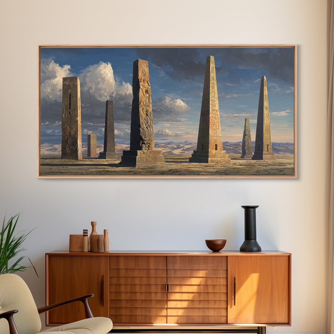 Ancient Carved Desert Obelisks Wall Art, African Egyptian Art Print, Monument Landscape, Earth Tone Home Decor Gift For Living Room