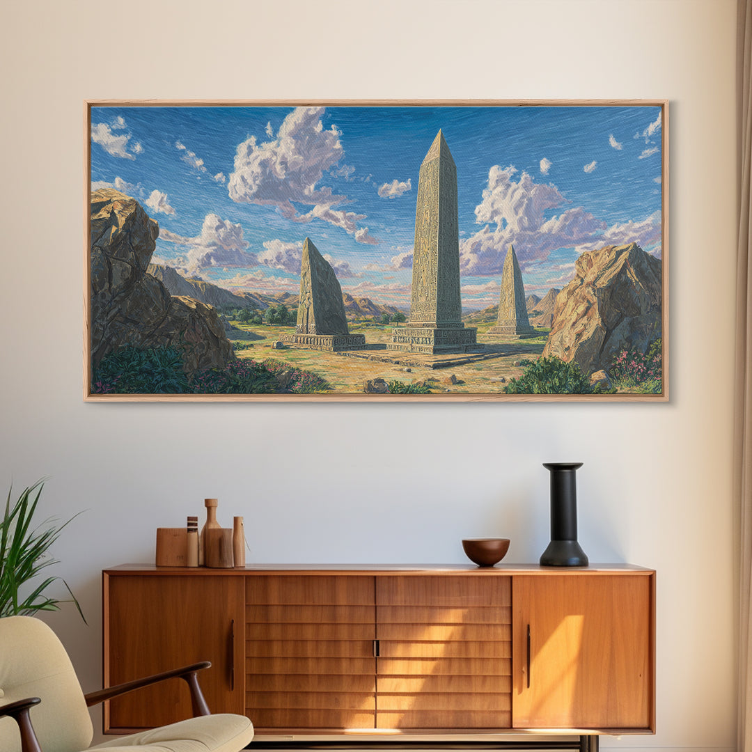 Mountain Valley Stone Obelisks Canvas Print, African Landscape Wall Decor, Ancient African Art, Nature Scene For Living Room