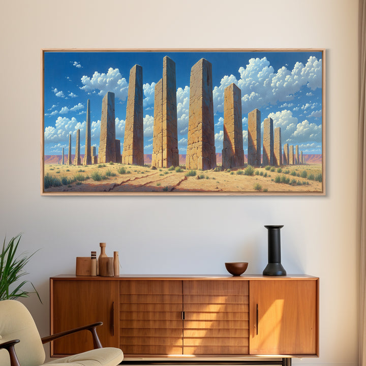 Sunlit Desert Pillars Wall Art, African Egyptian Art Print, Ancient Monument Canvas, Large Wall Decor For Office And Home