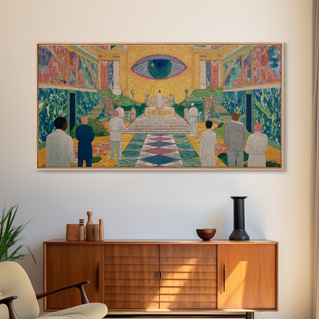 Mystic Eye Temple Ceremony Framed Canvas Print, African Abstract Wall Art, Spiritual Cultural Art Decor, Gallery Statement
