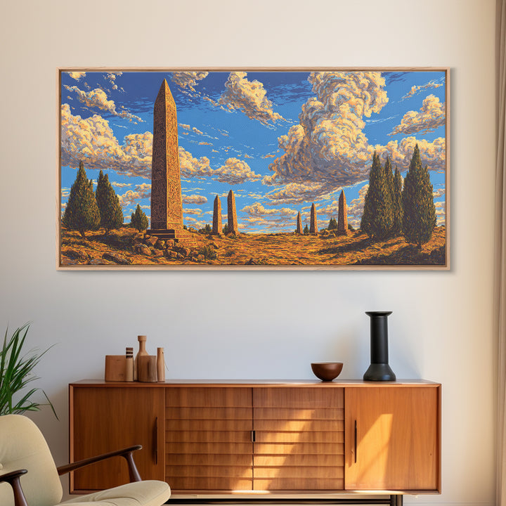 Golden Sky Obelisk Garden Wall Art, African Landscape Print, Ancient Monument Decor, Boho Earth Tone Living Room Artwork