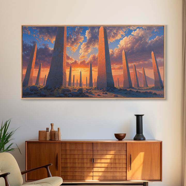Sunset Obelisk Field Wall Art, African Egyptian Art Print, Ancient Desert Landscape, Warm Orange Statement Home Decor Gift