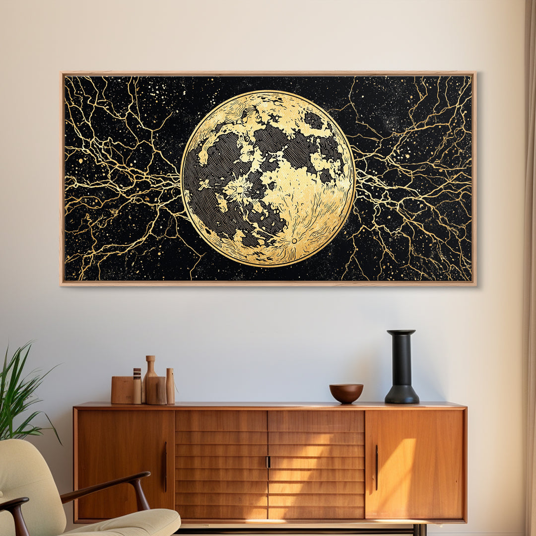 Golden Full Moon Wall Art, Black And Gold Celestial Canvas Print, Mystical Wall Decor, Abstract Night Sky Gift For Bedroom Home