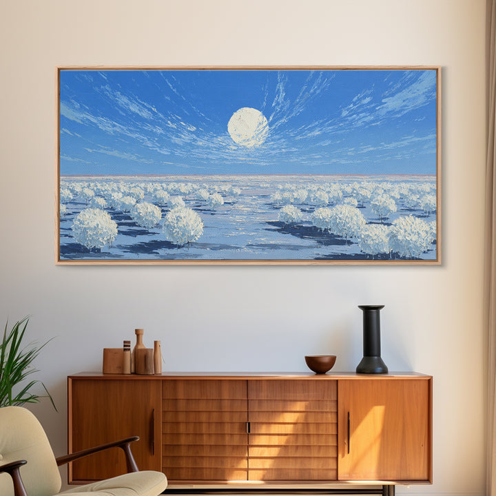 White Desert Bloom Field Canvas Print, African Landscape Wall Art, Dreamy Nature Scene, Blue Minimalist Home Decor Gift For Her