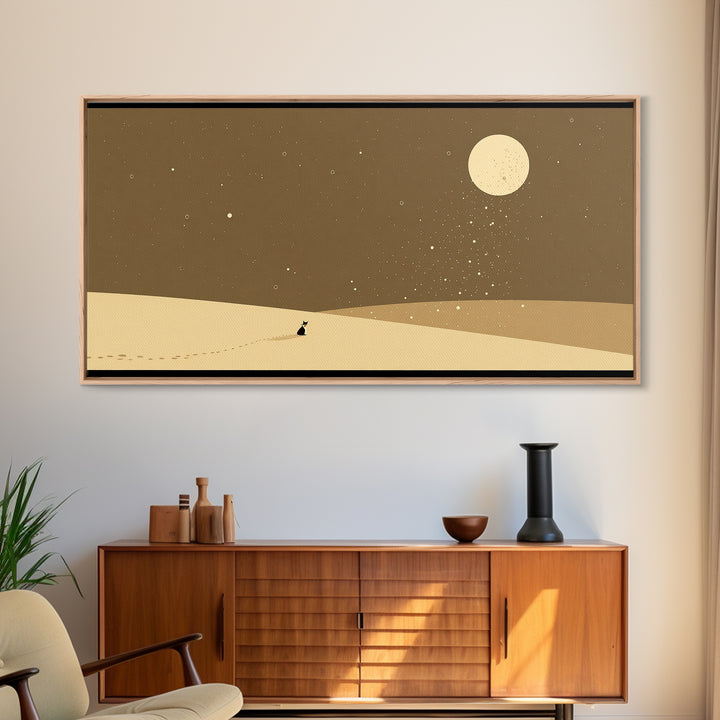 Lone Traveler In Moonlit Sahara Dunes Wall Art, Minimalist African Landscape, Desert Night Canvas, Earth Tone Boho Home Decor