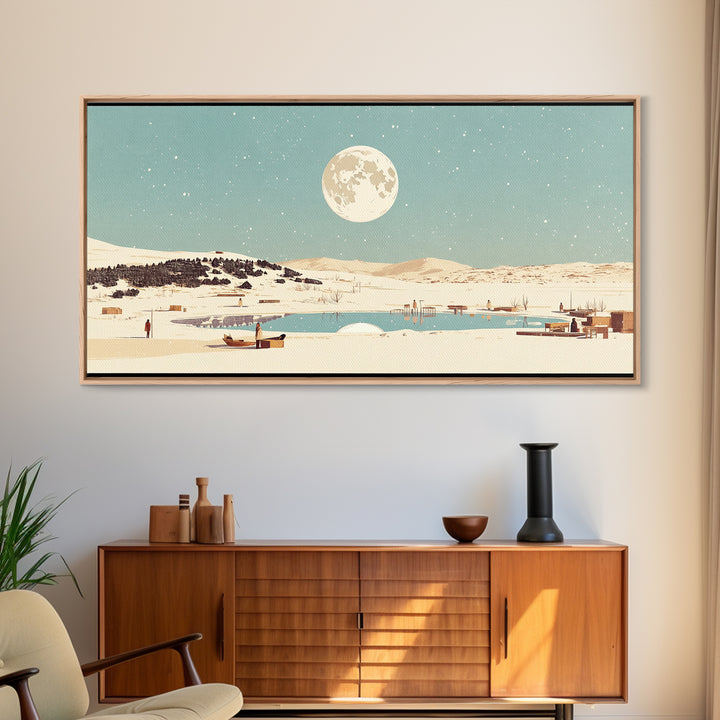Moonlit Lake Village With Boats Canvas Print, African Landscape Wall Decor, Serene Travel Poster, Blue Bedroom Art Home Decor