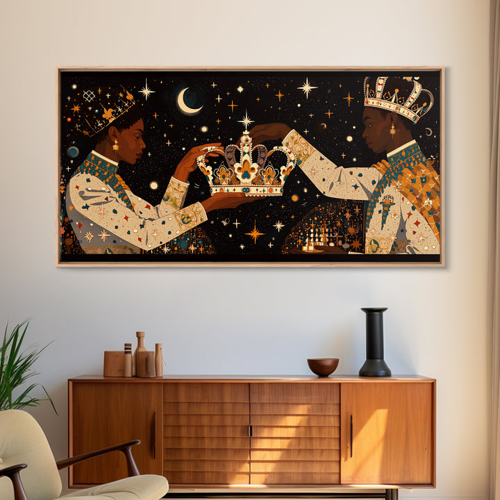 Celestial Black King And Queen Crowning Framed Canvas Print, African American Art, Royal Afrocentric Cultural Wall Decor