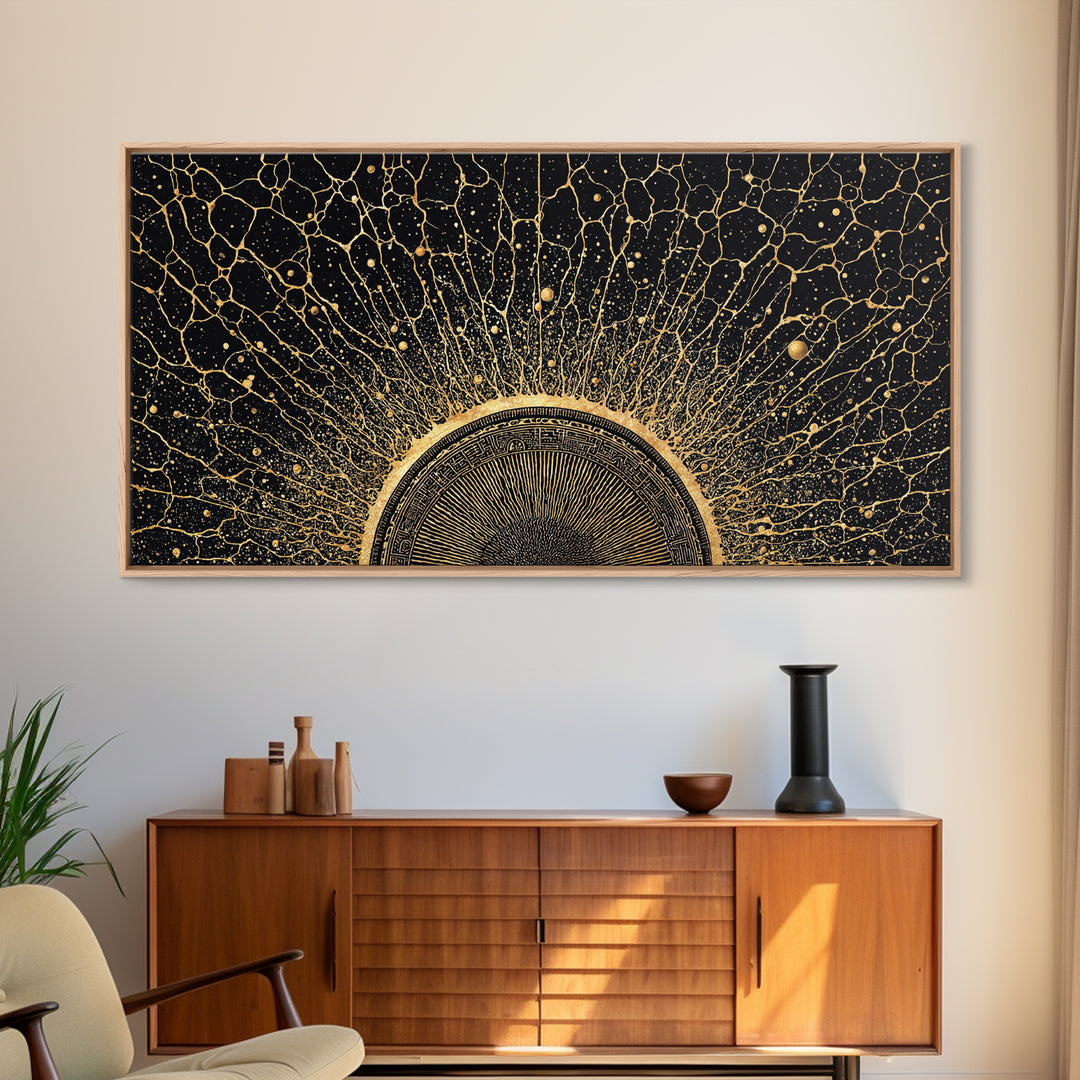 Golden Cosmic Sun Network Abstract Wall Art, Geometric African Inspired Decor, Black And Gold Modern Living Room Canvas Print