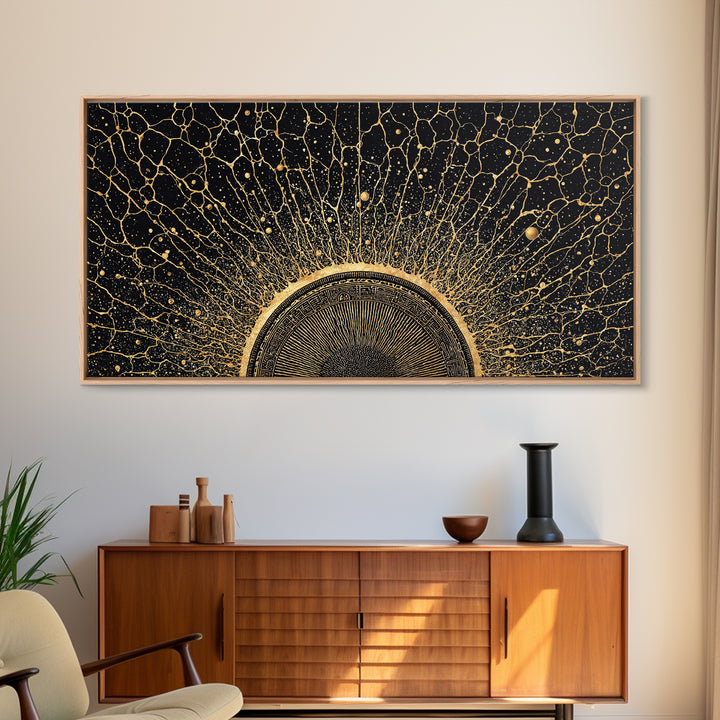 Golden Cosmic Sun Network Abstract Wall Art, Geometric African Inspired Decor, Black And Gold Modern Living Room Canvas Print