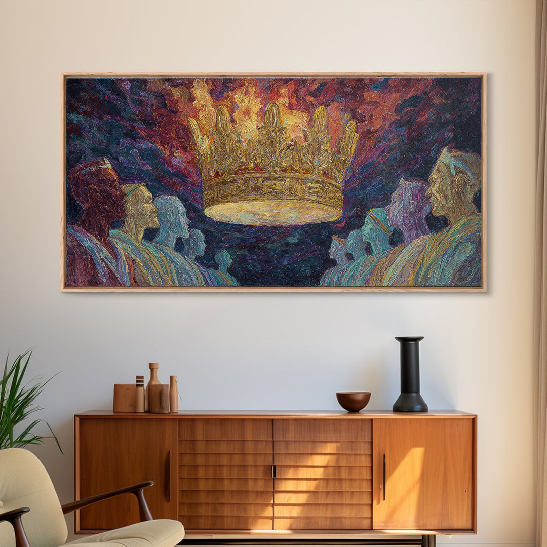 Fiery Floating Crown And Robed Figures Wall Art, African Royalty Painting, Black History Decor, Textured Canvas Print Gift