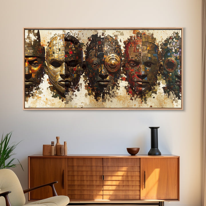 Mosaic African Masks With Metallic Texture Framed Canvas Print, Tribal Wall Decor, Cultural Afrocentric Statement Art Gift