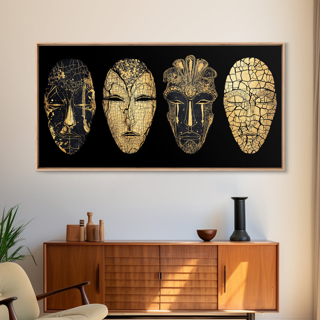 Black And Gold Cracked African Masks Wall Art, Minimalist Tribal Mask Print, Luxe Afrocentric Decor For Modern Home Interior