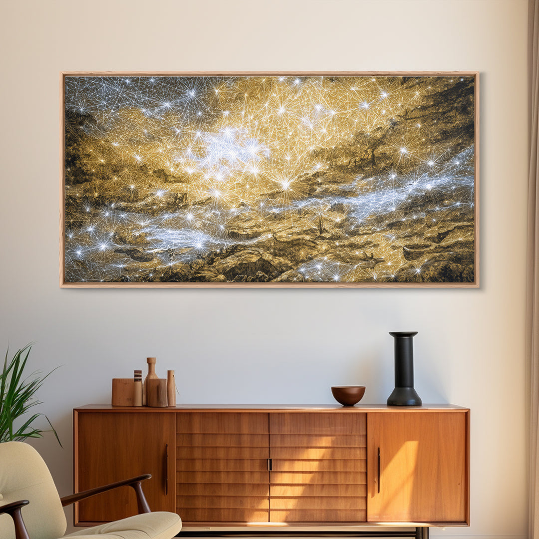 Golden Cosmic River Abstract Wall Art, Textured Modern Canvas Decor, Luxury Blue Gold Landscape For Living Room Statement Piece