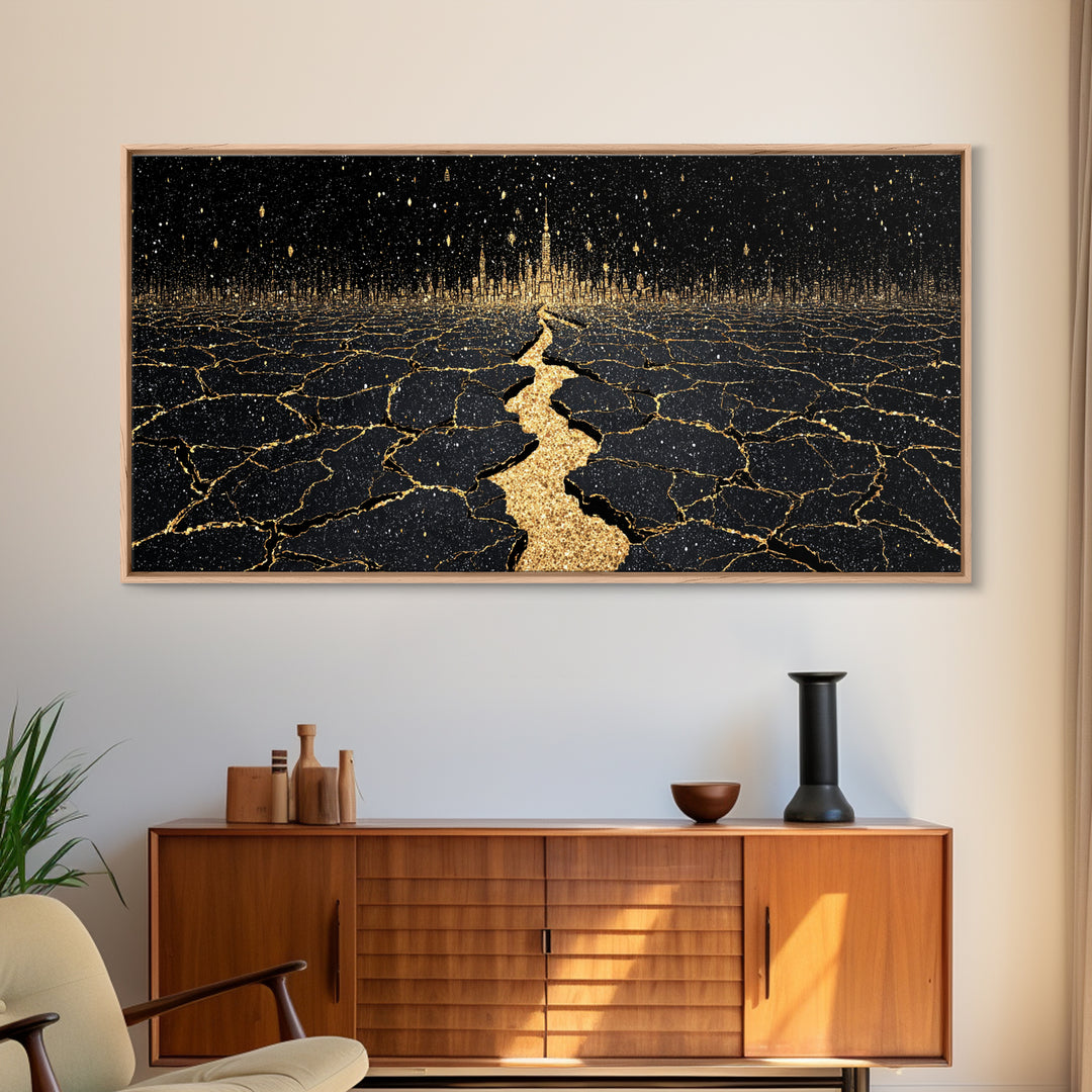 Black Gold Cracked Earth Pathway Canvas Print, Abstract Landscape Wall Decor, Dramatic Modern Art For Office Home Decor Gift