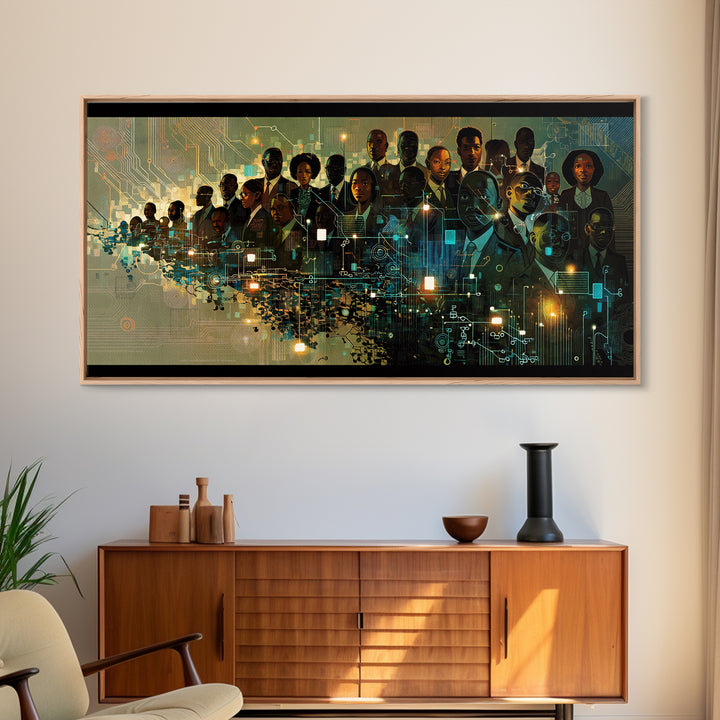 Afrofuturist Black Leaders In Digital City Wall Art, African American Tech Portrait, Futuristic Office Decor Print Canvas Gift