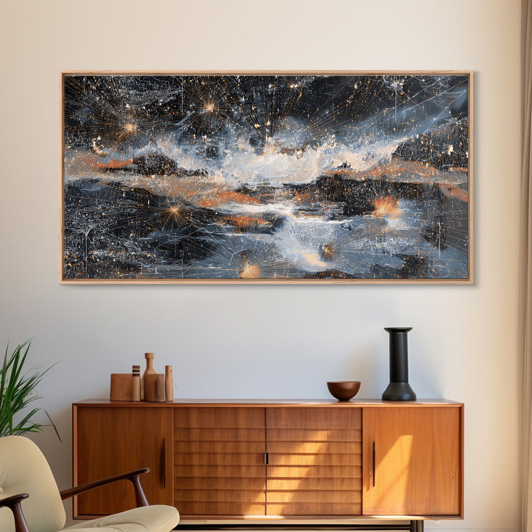 Starry Silver Mountain Sky Abstract Canvas Print, Dreamy Wall Art Decor, Modern Nature Landscape For Bedroom Office Gift