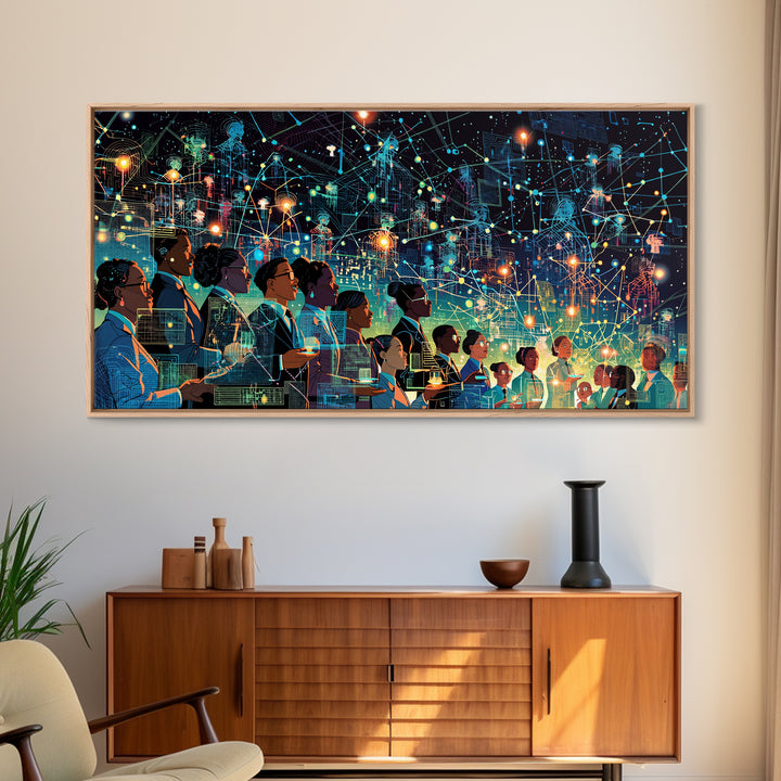 Diverse Professionals Under Neon Network Wall Art, Futuristic Digital City Print, Modern Office Decor For Tech Lovers Gift