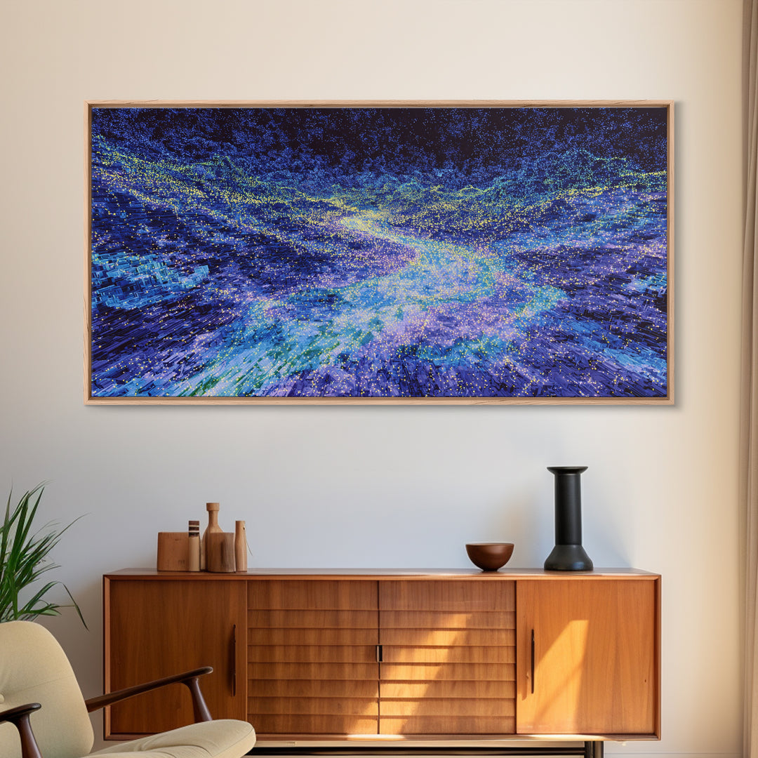 Blue Data Wave Galaxy Abstract Canvas Print, Modern Digital Wall Art, Electric Ocean Energy Decor For Office Bedroom Gift
