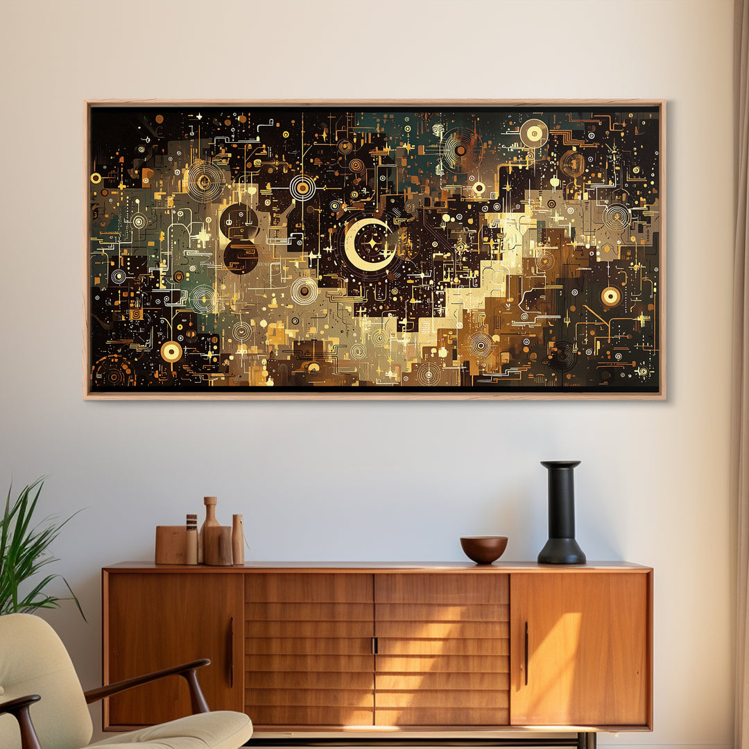 Gold Crescent Abstract Circuit City Wall Art, Black Gold Canvas Decor, Modern Islamic Inspired Geometric Home Decor Statement Piece