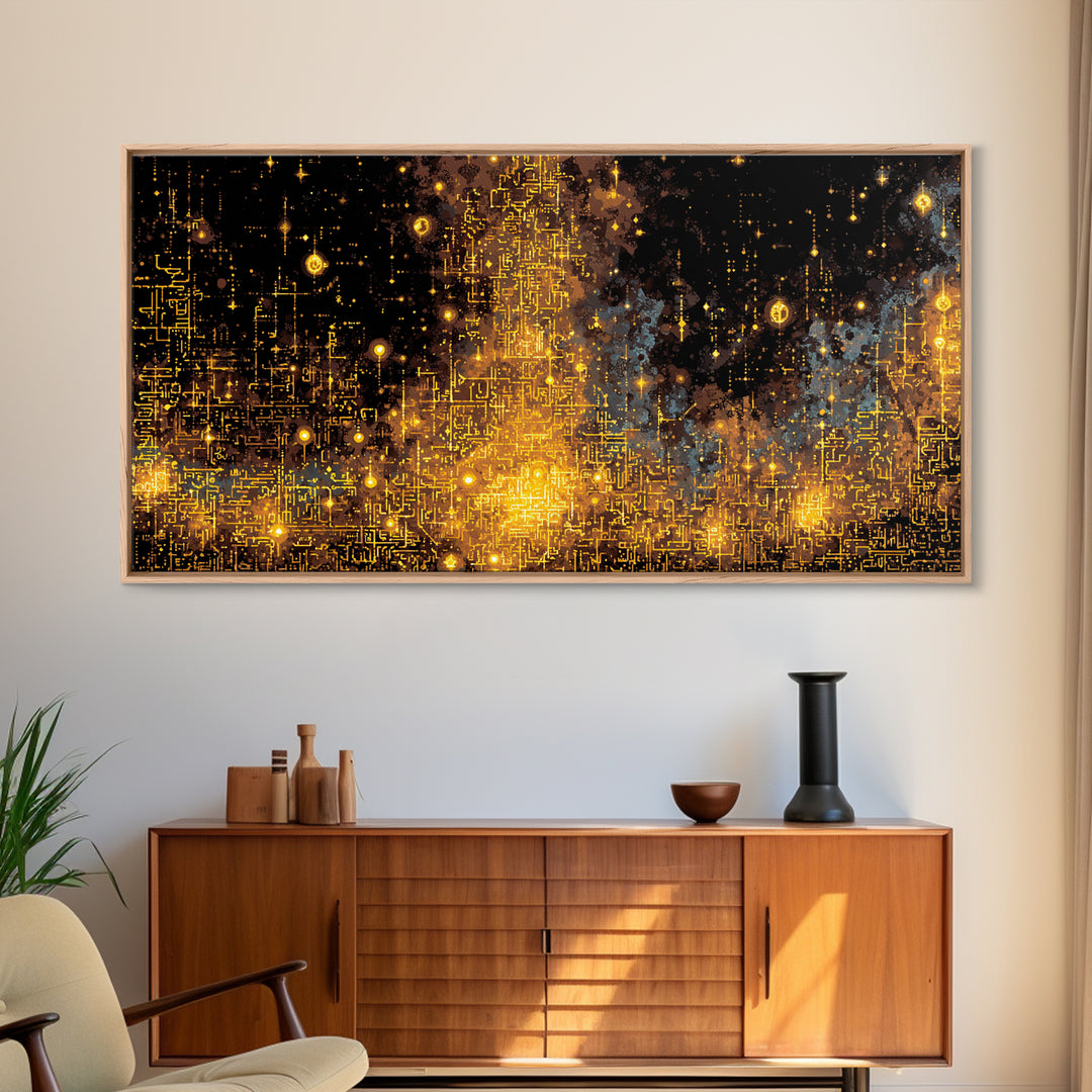 Golden Futuristic Skyline Canvas Print, Abstract City Lights Wall Decor, Luxury Black Gold Modern Home Decor Statement Piece