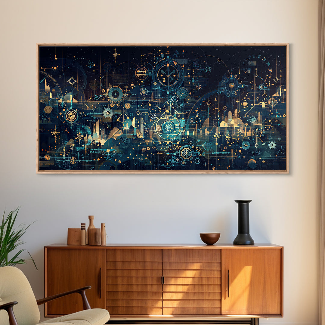 Teal Celestial Blueprint Wall Art, Abstract Science Diagram Canvas Decor, Modern Geometric Office Decor Unique Gift For Him