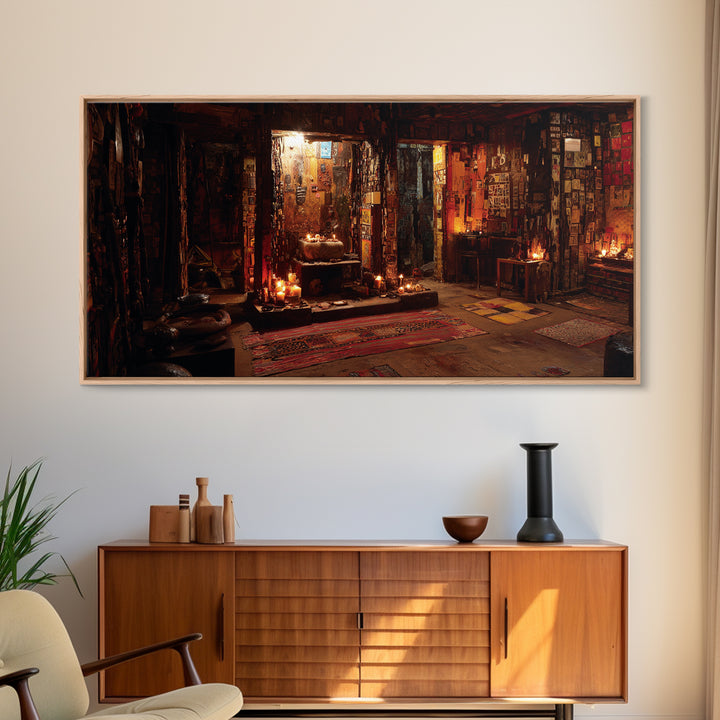 Candlelit Bohemian Shrine Interior Wall Art, Mystic Meditation Room Decor, Warm Earth Tone Canvas Print For Home Unique Gift