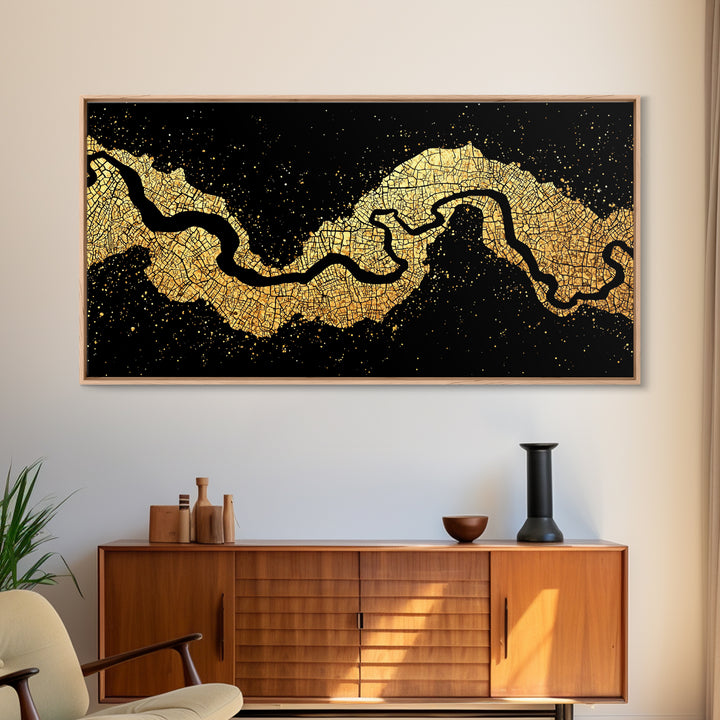 Black And Gold River Map Wall Art, Abstract Earth Tone Landscape Canvas Decor, Modern Minimalist Statement Piece For Home Decor
