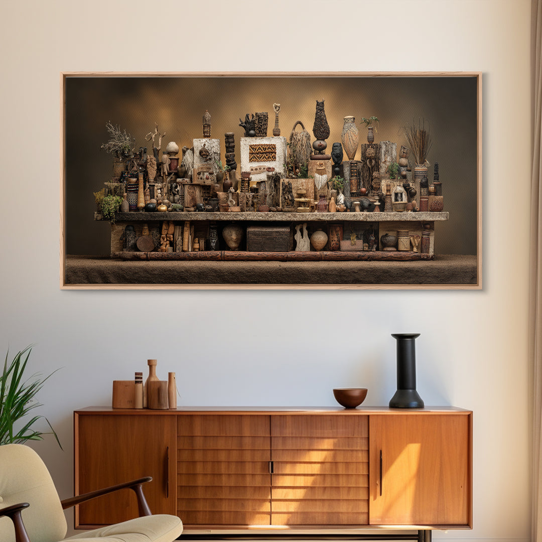 African Tribal Artifact Shelf Wall Art, Rustic Sculpture Still Life Canvas Decor, Ethnic Cultural Home Decor Statement Piece