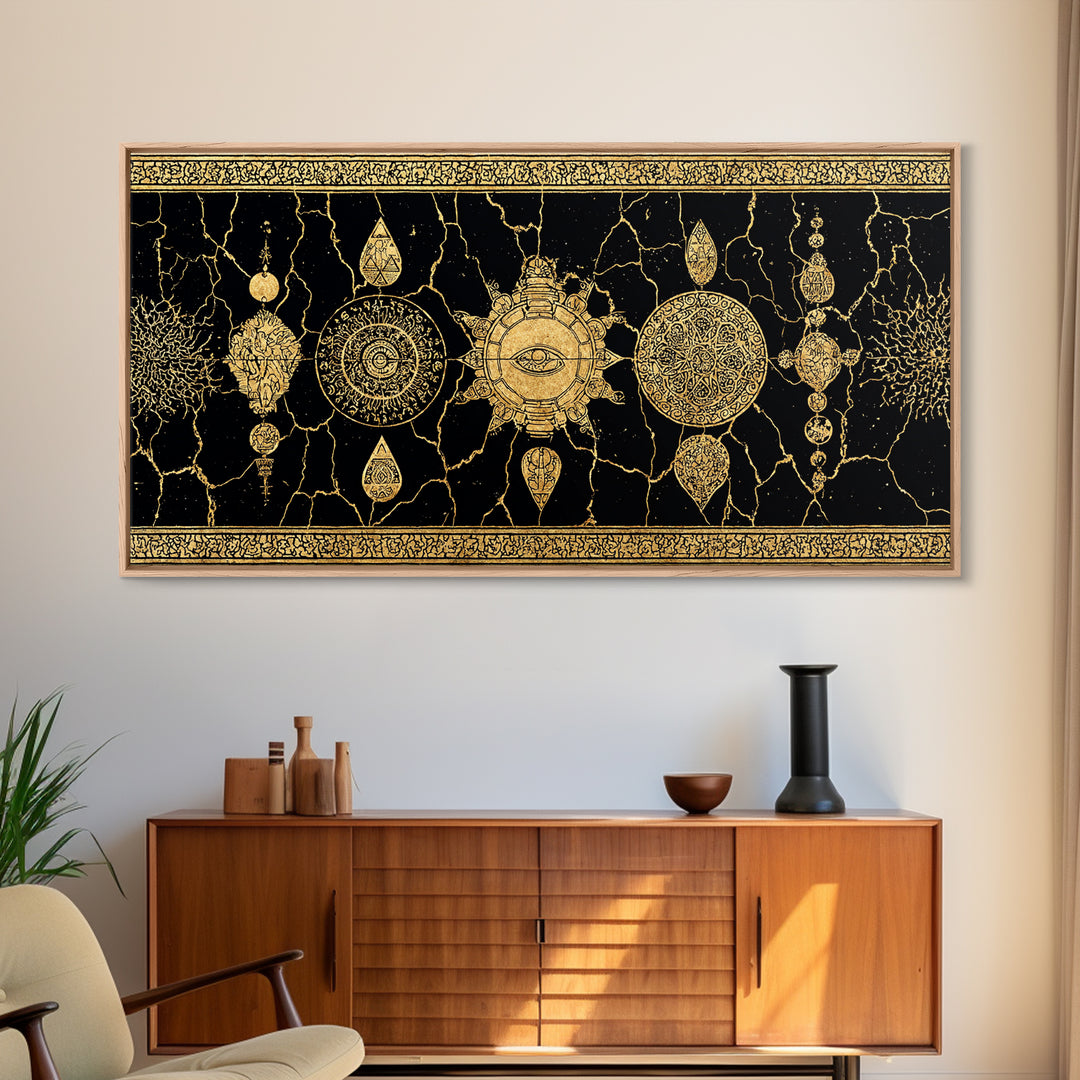 Black Gold Ornamental Mandala Canvas Print, Sacred Geometry Wall Decor, Luxury Boho Pattern Home Decor Statement Piece Gift For Her