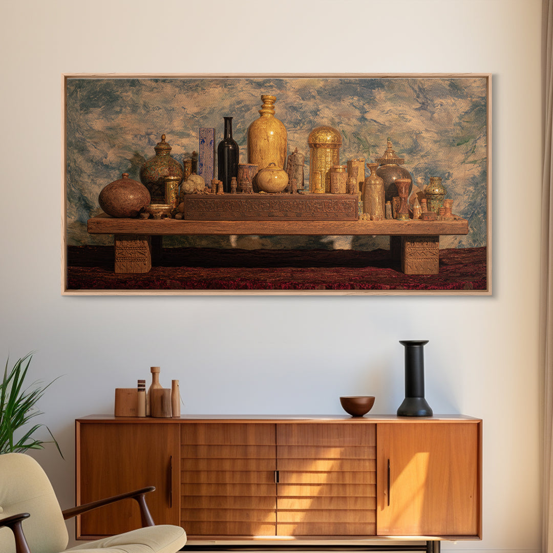 Ornate African Treasure Table Wall Art, Gold Vessel Still Life, Ethnic Home Decor, Luxury Canvas Print For Living Room
