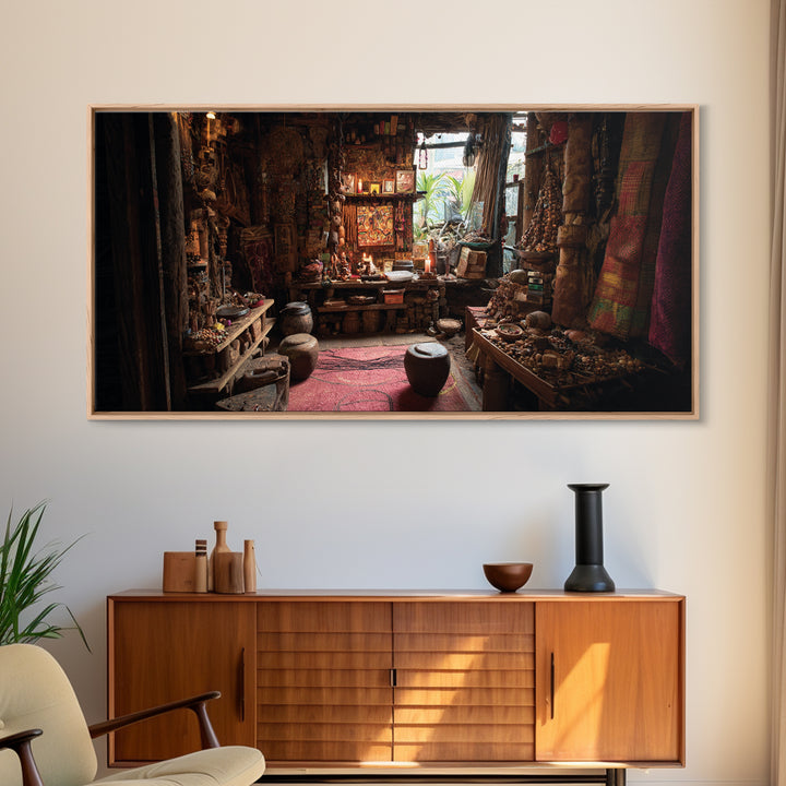 Moody African Market Interior Wall Art, Tribal Objects And Textiles, Cultural Home Decor, Boho Canvas Print For Living Room
