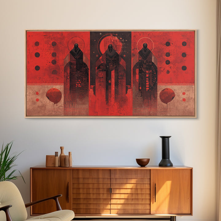 Three Ancestral Figures In Red Wall Art, Abstract African Tribal Art, Spiritual Black Culture Canvas Print, Bold Decor Gift