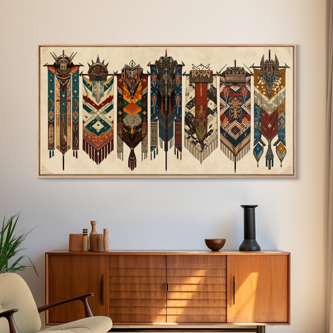 Seven Ornate African Tribal Banners Wall Art, Ankara Pattern Textile Art, Cultural Home Decor, Framed Canvas Print Gift For Her