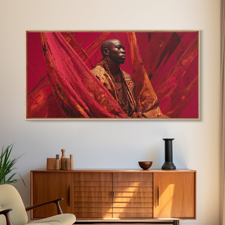 Regal African Man In Red Fabric Wall Art, Contemporary Portrait, Afrocentric Fashion Canvas Print, Bold Home Decor Gift For Him