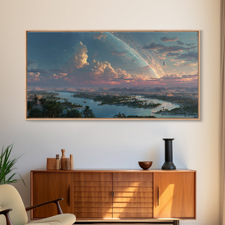 Epic African River Valley At Sunrise Wall Art, Afrofuturism Landscape, Dreamy Nature Scene Canvas Print, Large Decor Gift
