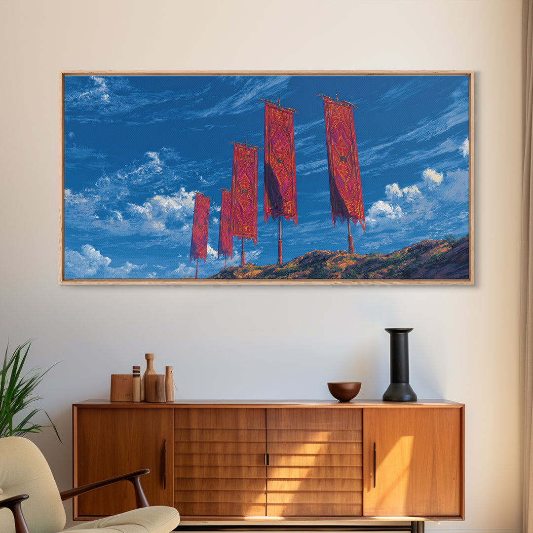 Red African Textile Banners On Blue Sky Wall Art, Cultural Landscape, Vibrant Ankara Decor, Framed Canvas Print Gift For Home