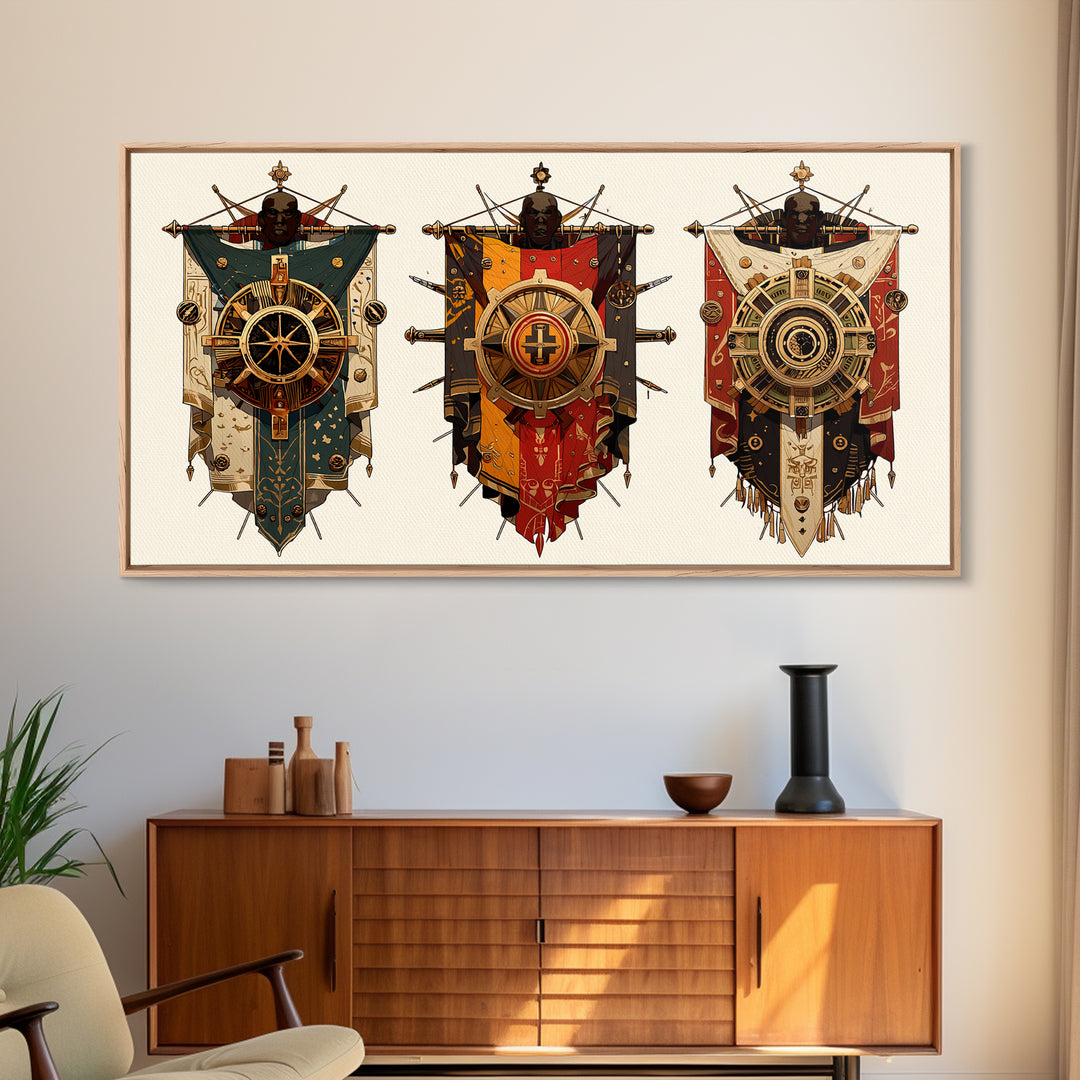 Three Ornate African Shield Banners Wall Art, Tribal Mask Canvas Print, Geometric Cultural Decor, Statement Wall Piece Gift
