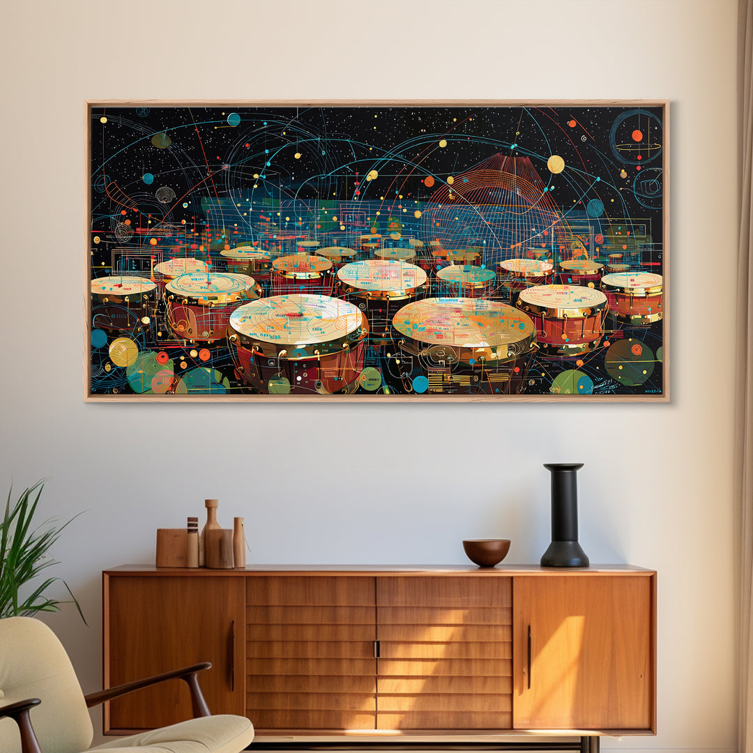 Futuristic Afro Drums Under Cosmic Orbits Canvas Print, Modern African Art, Music Room Decor, Afrofuturism Decor, Bold Art