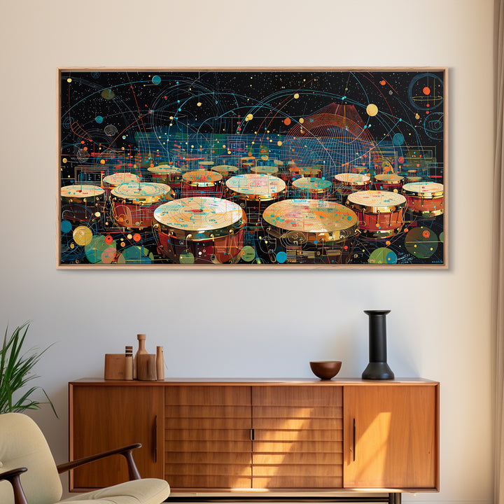 Futuristic Afro Drums Under Cosmic Orbits Canvas Print, Modern African Art, Music Room Decor, Afrofuturism Decor, Bold Art