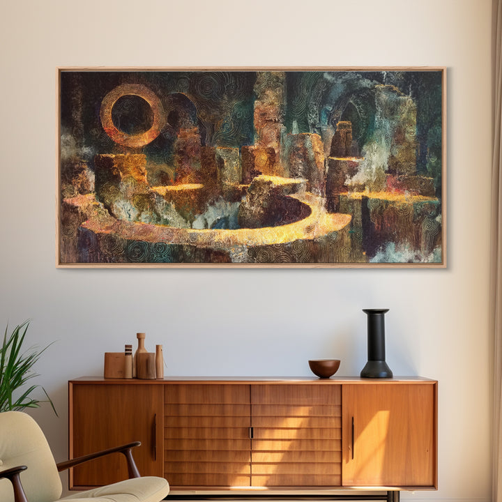 Mystic Ancient City With Golden Path Framed Canvas Print, African Abstract Art, Spiritual Wall Decor, Luxury Canvas Art Print