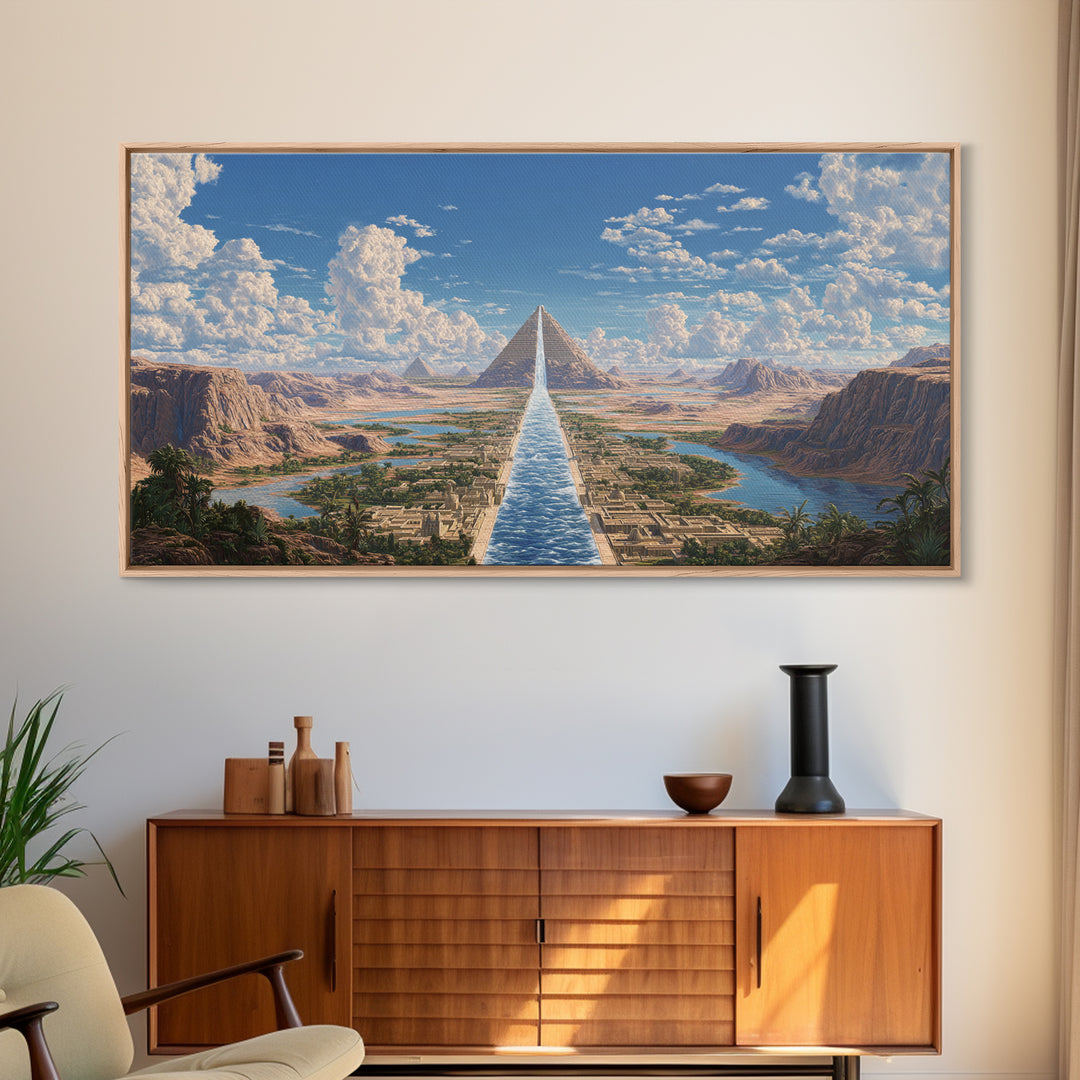 Sunlit Pyramids And River Oasis Canvas Print, African Egyptian Art, Landscape Wall Art, Travel Poster, Elegant Home Decor