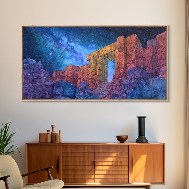 Ancient Desert Ruins Under Starry Blue Sky Wall Art, Mystical Temple Landscape, Boho Home Decor, Fantasy Travel Poster Print