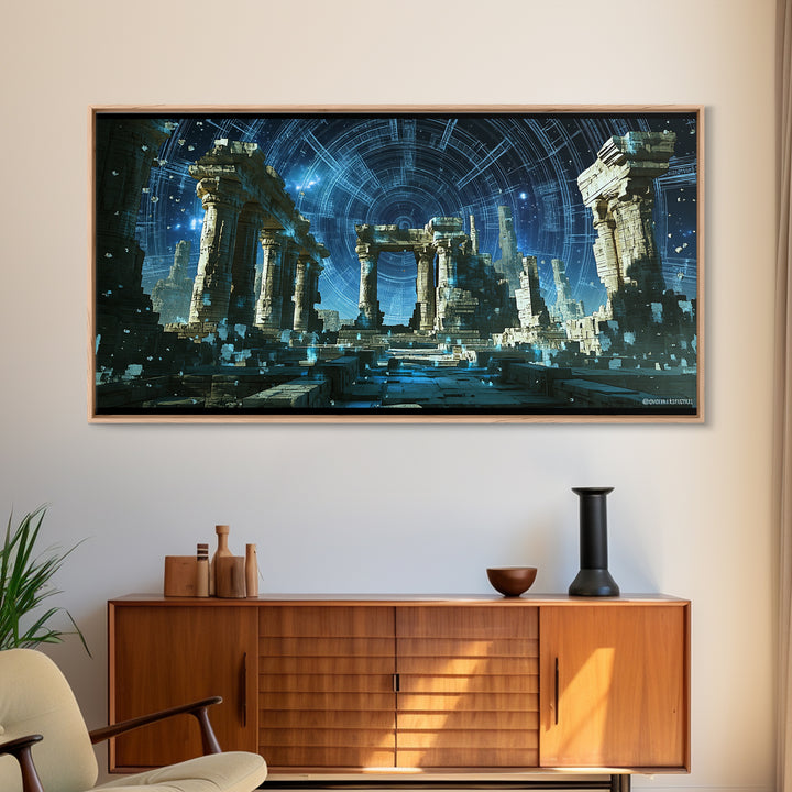 Glowing Futuristic Temple Columns In Blue Starlight Canvas Print, Sci Fi Ruins Wall Art, Modern Fantasy Home Decor, Celestial Poster
