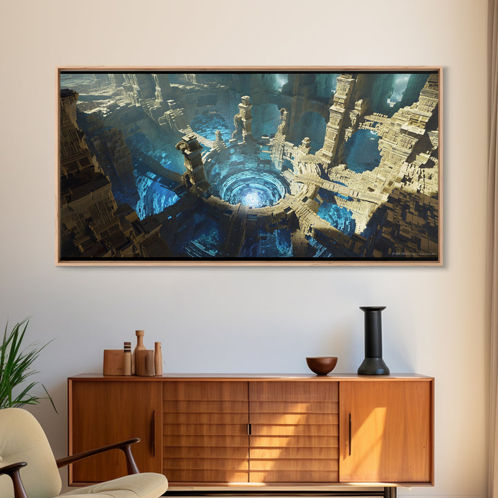 Vast Circular Ancient City With Blue Abyss Framed Canvas Print, Futuristic Ruins Wall Art, Luxury Fantasy Home Decor, Sci Fi Architecture