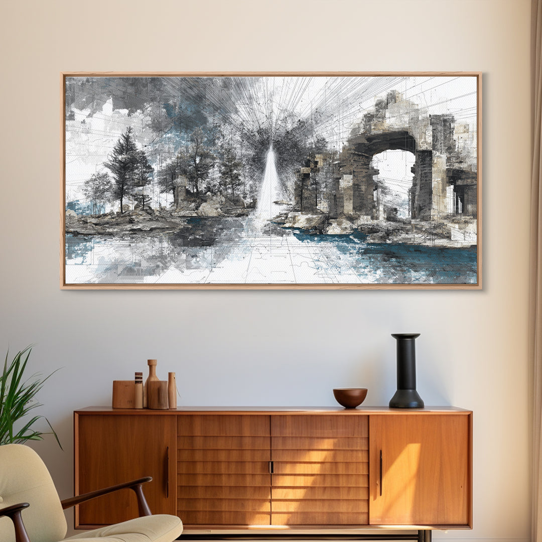 White Fountain Light Beside Ruined Stone Arch Wall Art, Minimalist Landscape, Black And White Office Decor Canvas Print Poster