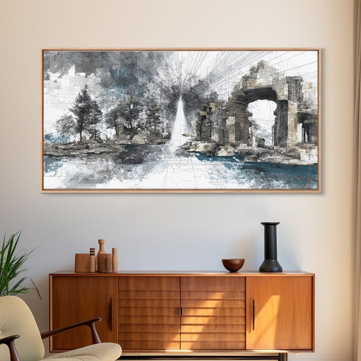 White Fountain Light Beside Ruined Stone Arch Wall Art, Minimalist Landscape, Black And White Office Decor Canvas Print Poster