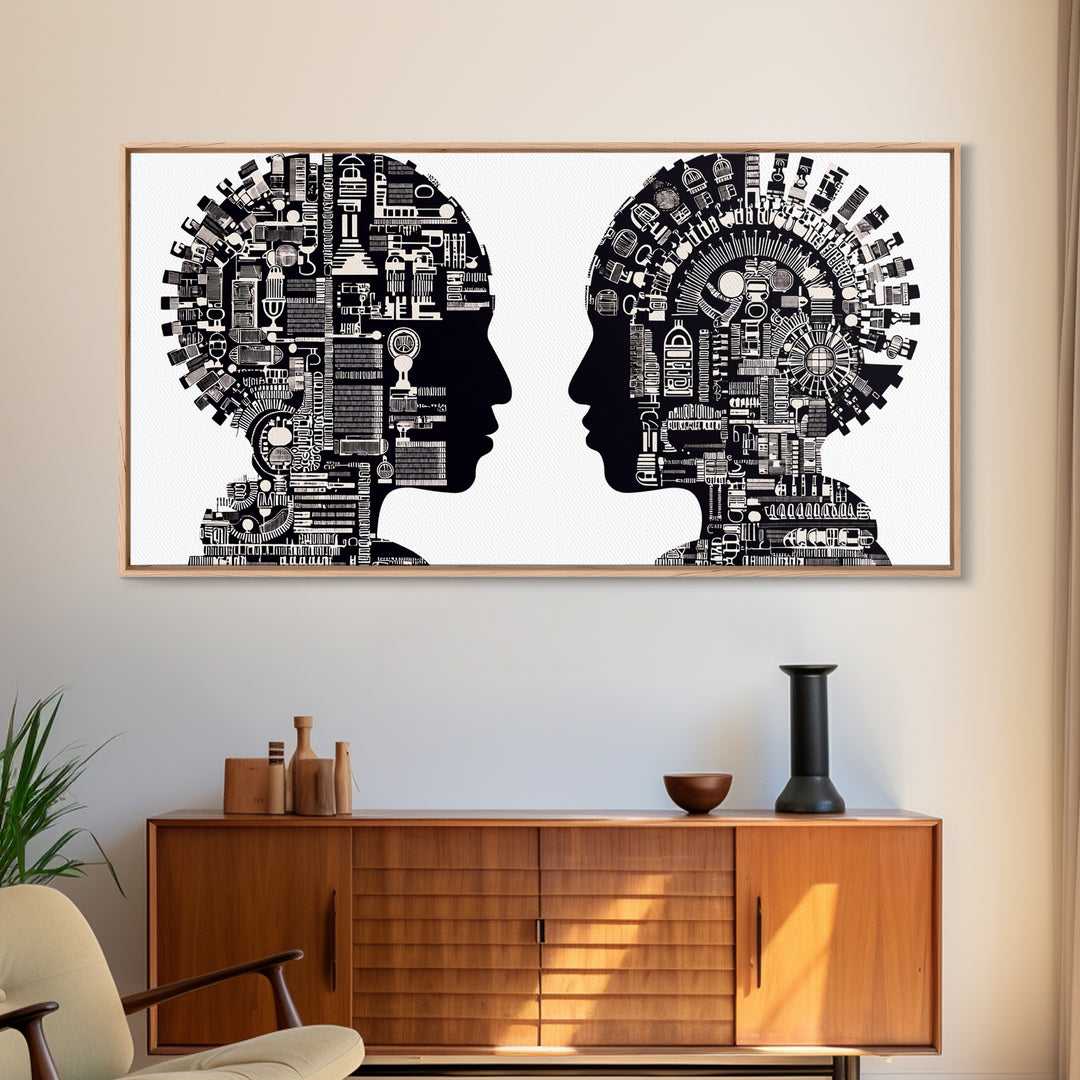 Black And White Profile Faces With Mechanical City Patterns Wall Art, Geometric Portrait Canvas Print, Modern Office Decor